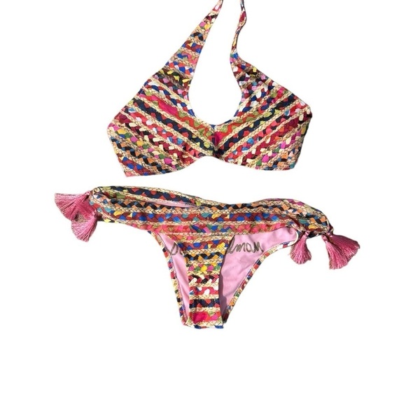 Sam Edelman Wireless Bikini Swim Top And Bottoms S Front Cross Keyhole Raffia - Picture 5 of 14